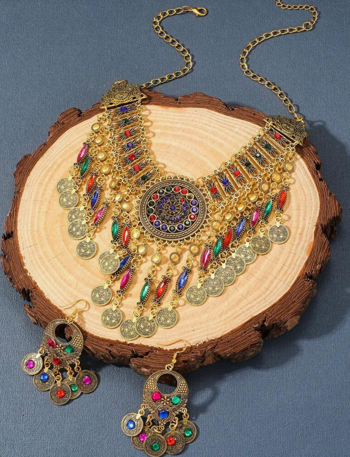 Gold Afghan Kuchi jewellery set with coin necklace, drop earrings and multicoloured stones